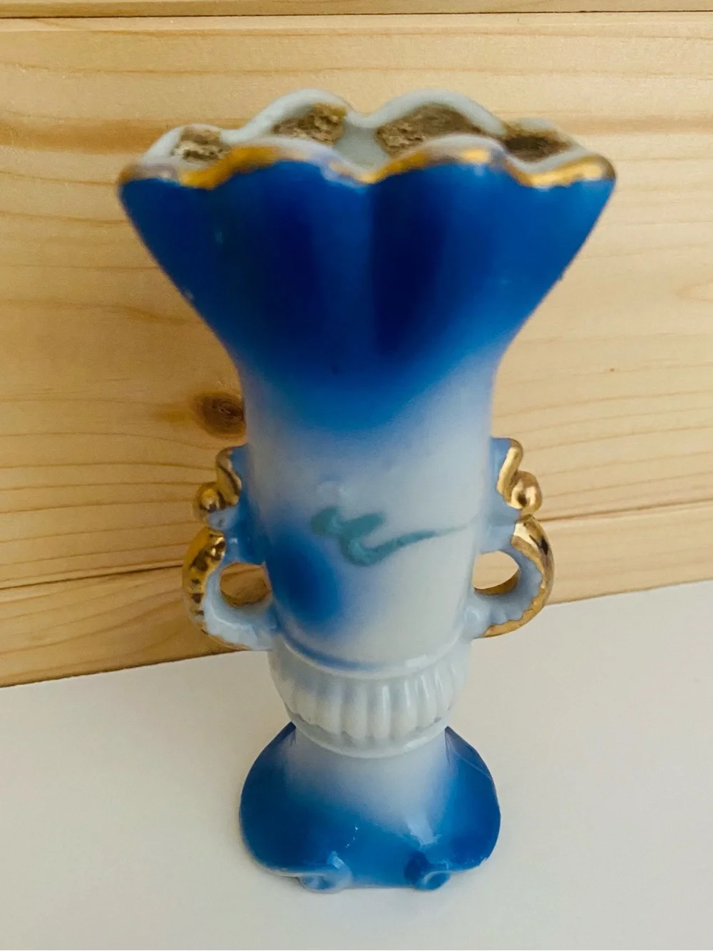 Vintage Japanese Dragonware 4” Mini Vase Urn Gilded Handles Moriage Dragon Blue